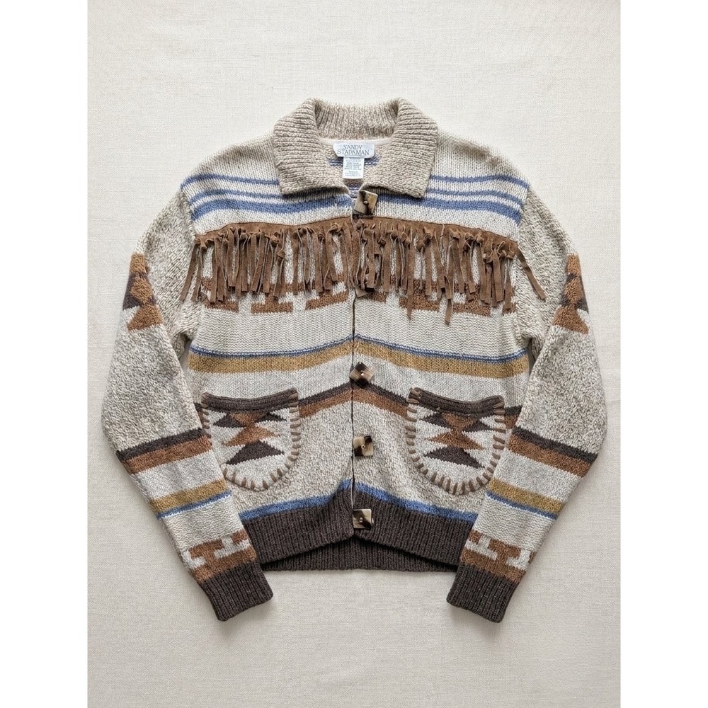 Vintage Sandy Starkman Southwestern Fringe Cardigan Sweater Boho Aztec Knit